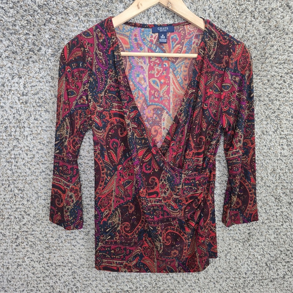 Chaps Top Womens Medium Burgundy Paisley Print Surplice Neck Blouse Casual